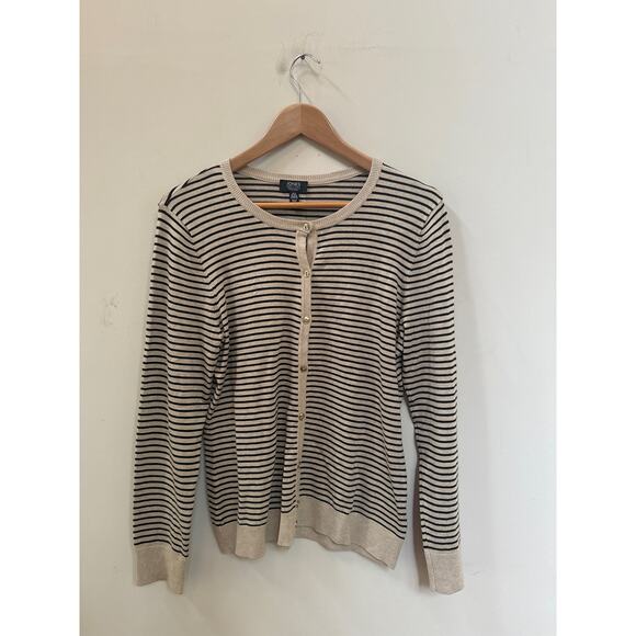 Jones New York Signature Sweaters - Jones New York Signature Cardigan Button Up Tan Black Stripe Basic Minimalist